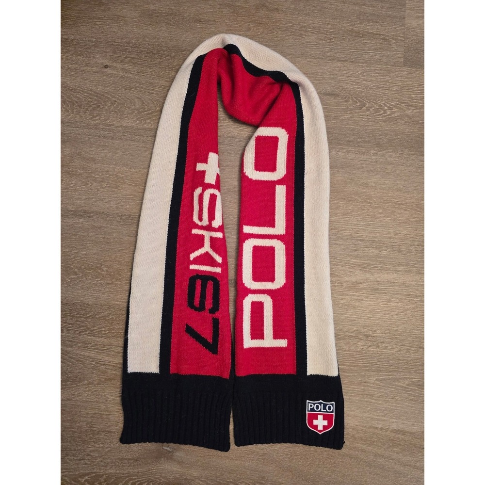 Polo Ralph Lauren Ski 67 Knit‎ Scarf Red White Navy Blue Colorblock Swiss Cross